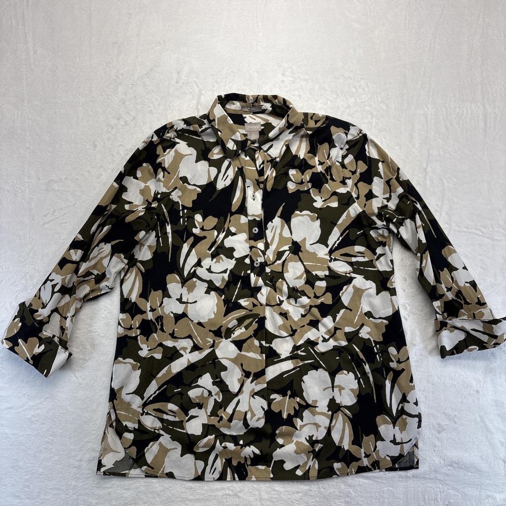 Chicos Shirt Womens Size 2 (12) Camo Pullover Long Sleeves No Iron